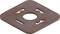 Brown, square plastic component with rounded corners and a central hole. Features slots and recesses for fastenings.