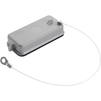 Rectangular grey protective cap with securing wire, used for covering and safeguarding electrical connections.