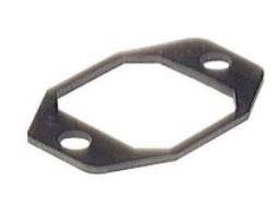 A black, hexagonal metal ring with two side holes that could be used for mounting.