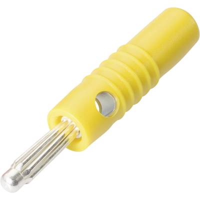 Yellow banana plug with ribbed grip and metal contact, used for secure electrical connections in laboratories and electrical devices.