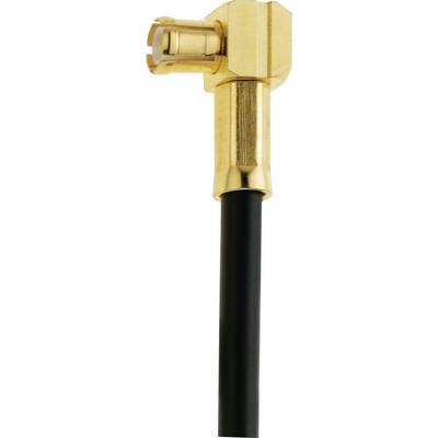 A golden angled coaxial connector with a black cable.