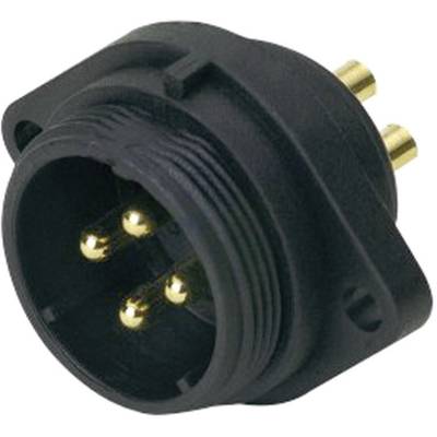 Black, circular electrical plug with four gold contacts, suitable for industrial applications.