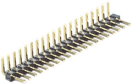 A two-row, male connector with gold-plated pins, suitable for electronic connections on a printed circuit board.