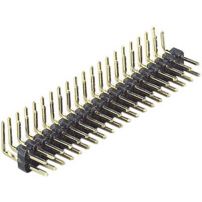 A two-row, right-angled plug with gold-plated contacts. Used for electronic connections on printed circuit boards.