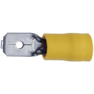 A yellow female spade connector used for securely connecting electrical wires.