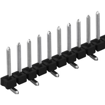 Single-row pin header with nine metal pins and a black base for use on printed circuit boards.