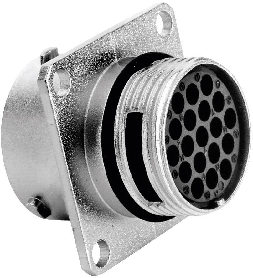 A round multi-pin electrical plug with a metal casing and mounting holes at the corners, suitable for industrial applications.