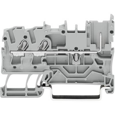 Plastic electrical terminal block with multiple connections and metal components, for securing wires.