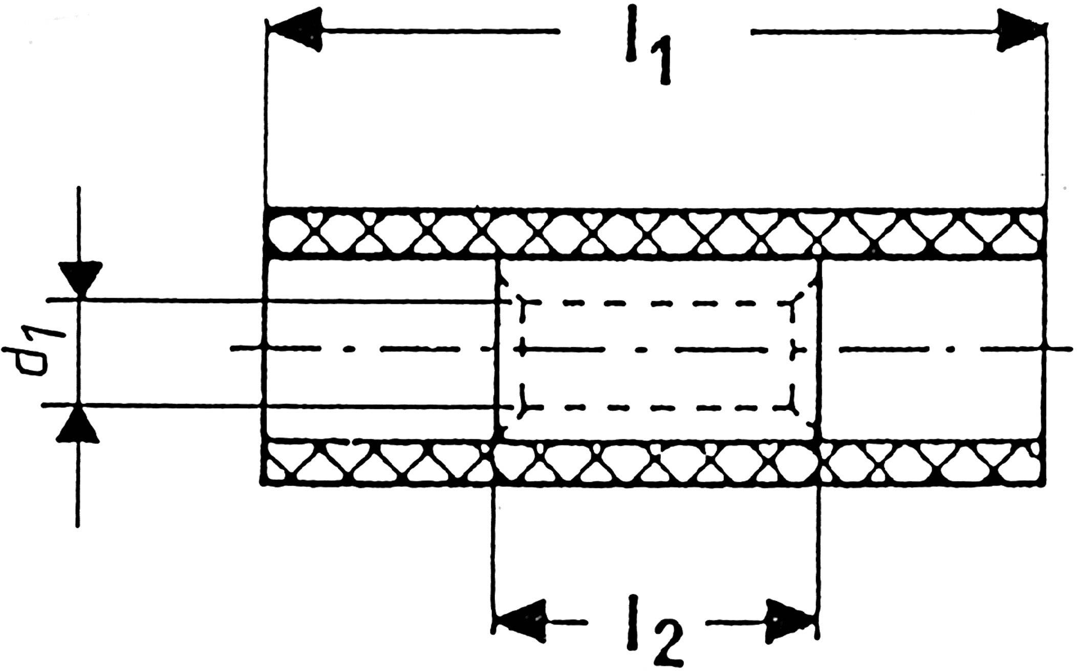 Technical drawing of a cylindrical object with two length dimensions (l1, l2) and one diameter dimension (d1). Arrows indicate dimensions.