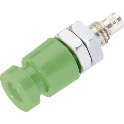 Green, cylindrical valve adapter made of metal and plastic, suitable for bicycle and car tyre valves.