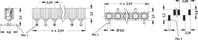 Technical drawing of an electronic circuit with multiple components, dimensions in millimetres, details of connections and housing.