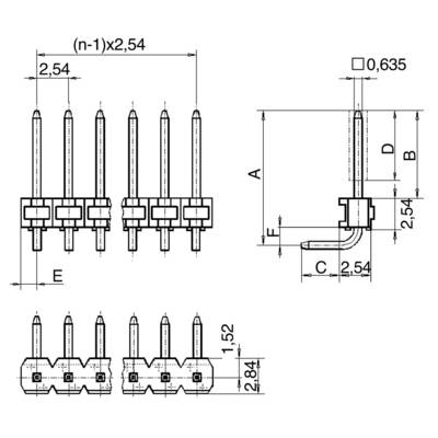 Technical drawing of a connector with six pins, dimensions in millimetres. Main dimensions A: 6.2, B: 4.2, C: 2.54, D: 3.4, E: 7.5.