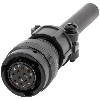 A round multi-pin plug with a black housing, multiple pins, and a mounting mechanism, potentially suitable for industrial applications.