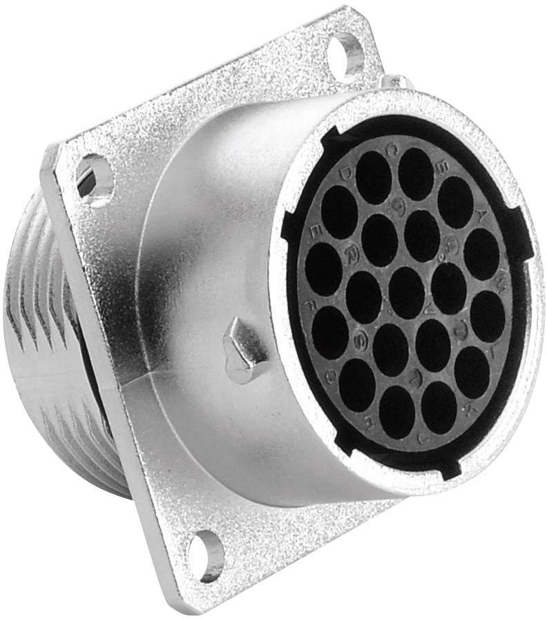 Silver, round multi-pin connector mounted on a square mounting plate, used for electrical connections.