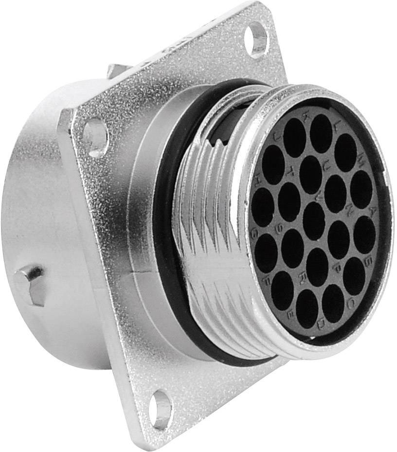 Metal plug connectors with a circular flange and 24 holes for electrical contacts. Used in industrial applications.