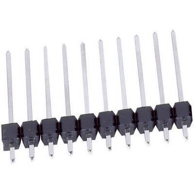 A row of eleven metal pins in black housings, arranged parallel in a line, most likely an electronic connector module.