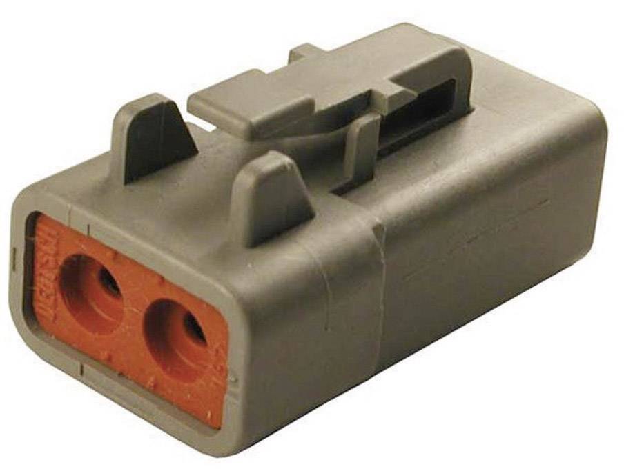 A grey electrical connector housing with two openings, suitable for connecting wires in electronic applications.