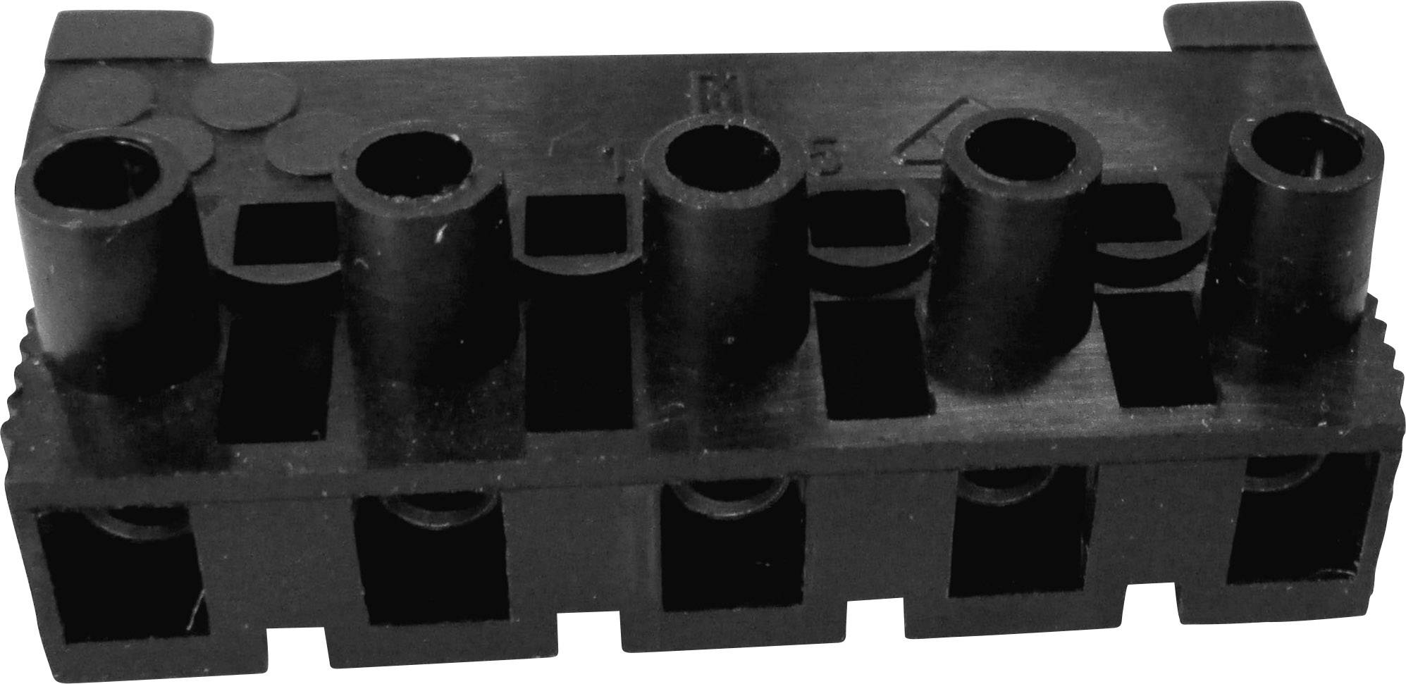 Black plastic plug with five openings, suitable for electrical connections.