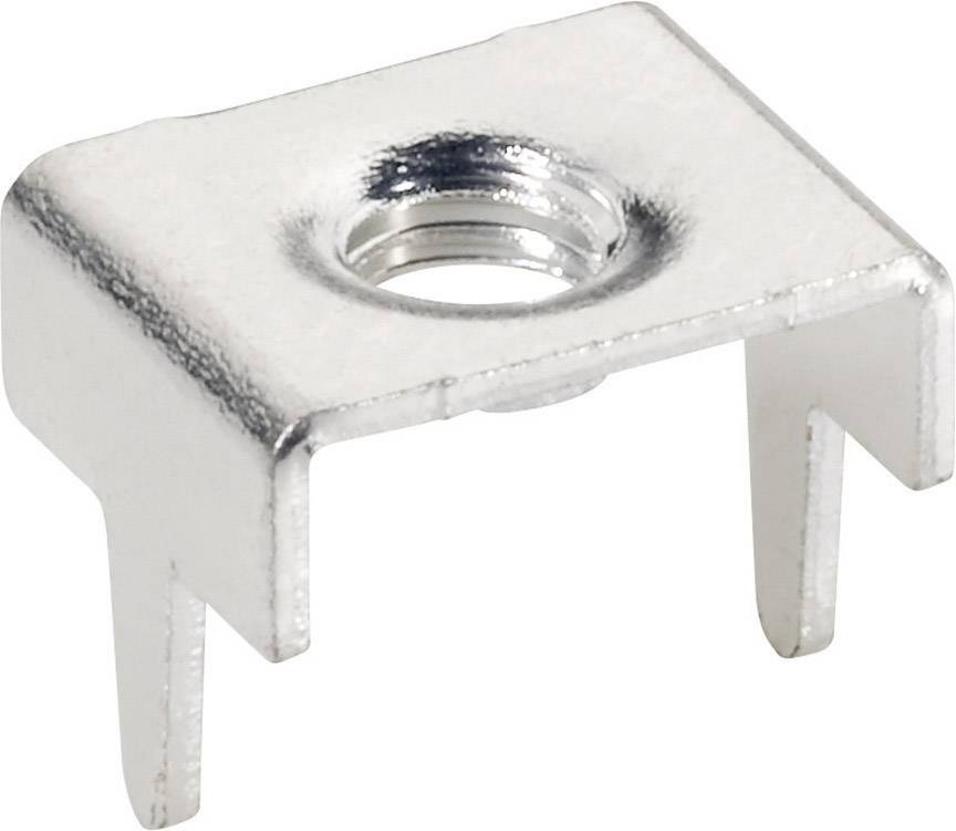 Metal bracket with a rectangular shape and a circular hole in the centre, showing two supporting legs, potentially for mounting purposes.