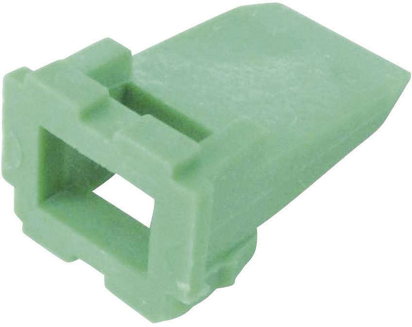 Green plastic plug, rectangular in shape, with an open square end. Commonly used in electronic applications.