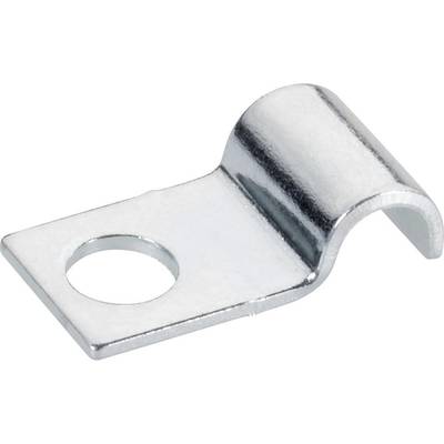 A silver metal bracket with a hole at one end and a curved clip at the other end, used for fastening.