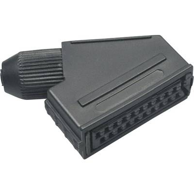 A black SCART plug with a rectangular shape and multiple contact pins, used for connecting audio and video devices.
