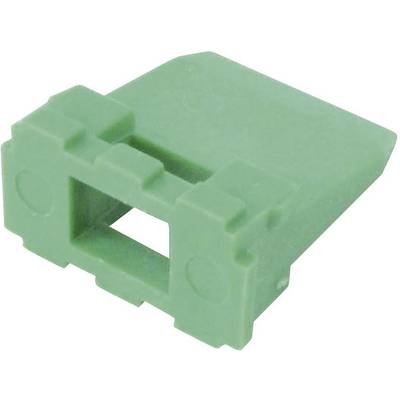 Green plastic clip with rectangular opening, side view. Used for plug connections in electronic applications.