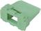 Green plastic clip with rectangular opening, side view. Used for plug connections in electronic applications.