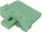 Green plastic block with a rectangular, flat design and multiple indentations and protrusions, rotated at a specific angle.