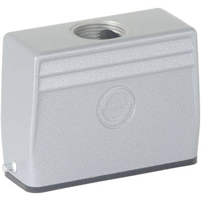 Metallic industrial connector housing in grey, E-type with a central threaded cable entry at the top, ANZ series.