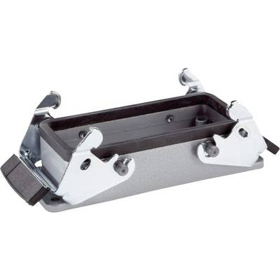 Rectangular grey metal component with black edges and two foldable levers on each side, likely a connector housing.