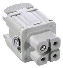 Grey-white, square electrical connector with four round sockets and a side screw for fastening.