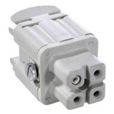 Grey-white, square electrical connector with four round sockets and a side screw for fastening.
