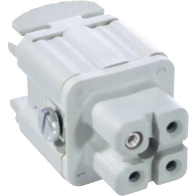 A white, rectangular electrical plug with screw terminals and three cable connection sockets.