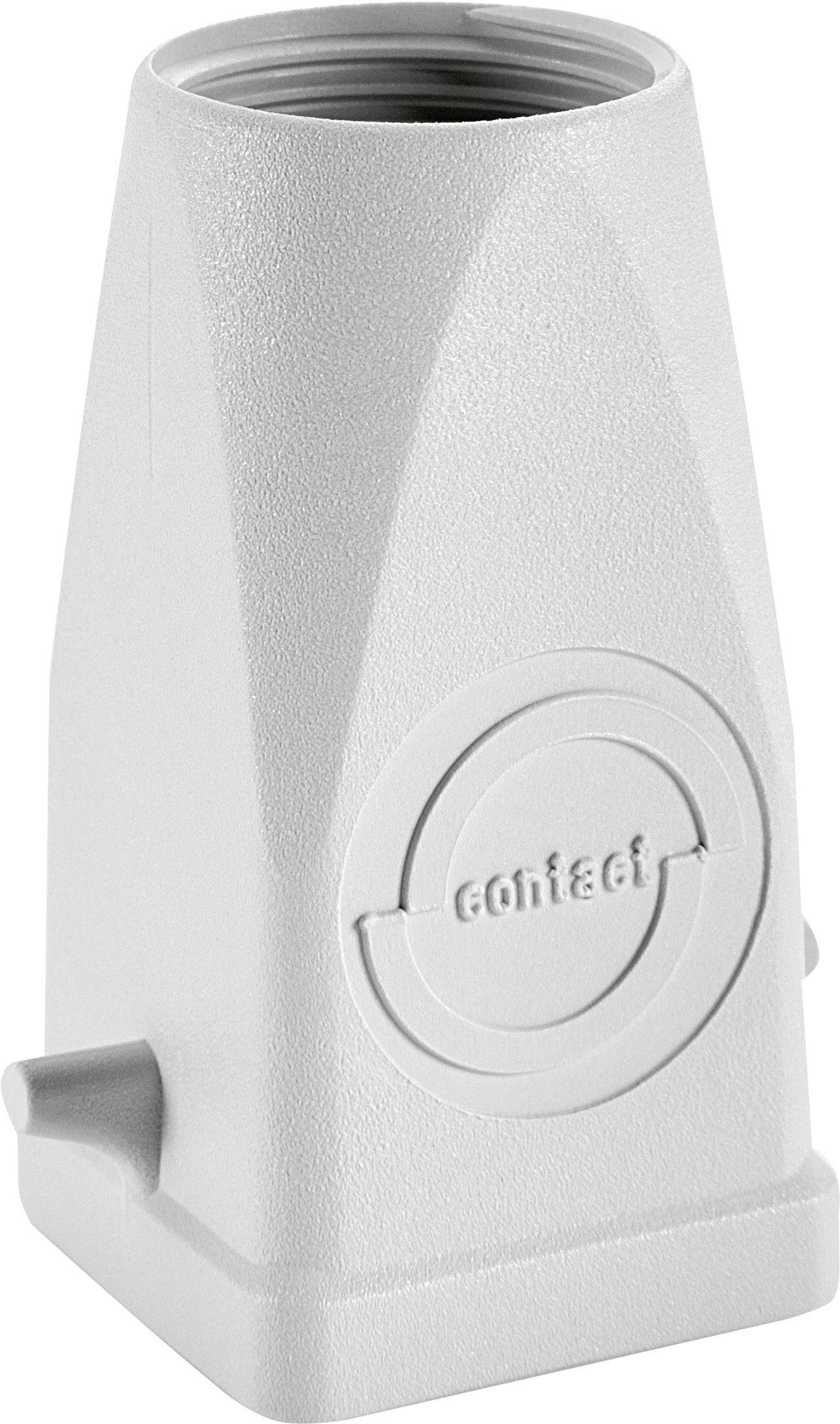 Grey, trapezoidal housing part with engraved brand logo.