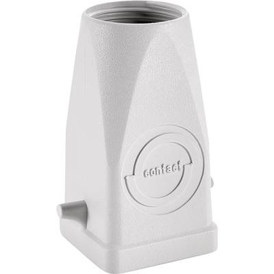Grey, trapezoidal housing part with engraved brand logo.