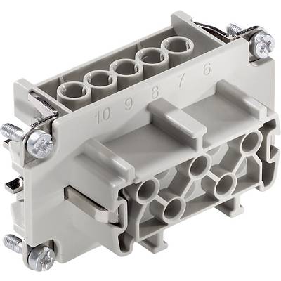 Electrical connector with six socket ports and metal screws for mounting, suitable for industrial applications.
