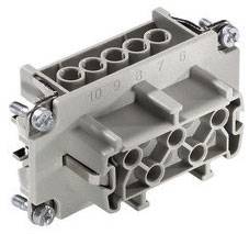 A grey electrical connector with a six-way terminal block and screw terminals in close-up.