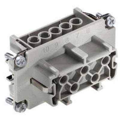 A grey electrical connector with a six-way terminal block and screw terminals in close-up.