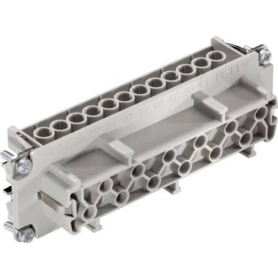 Grey electrical connector with screw terminals and 24 pins, suitable for industrial applications and control panels.