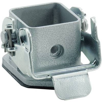 Metal mounting bracket with a square opening and fixing mechanisms, used for industrial or structural applications.