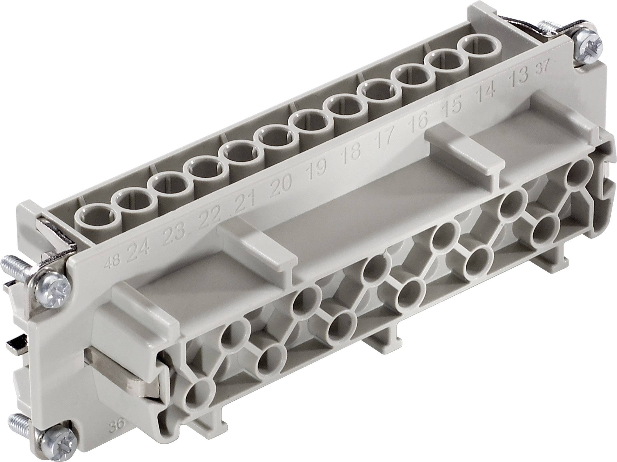 Grey electrical multi-pin connector with two side-mounted fixing screws.