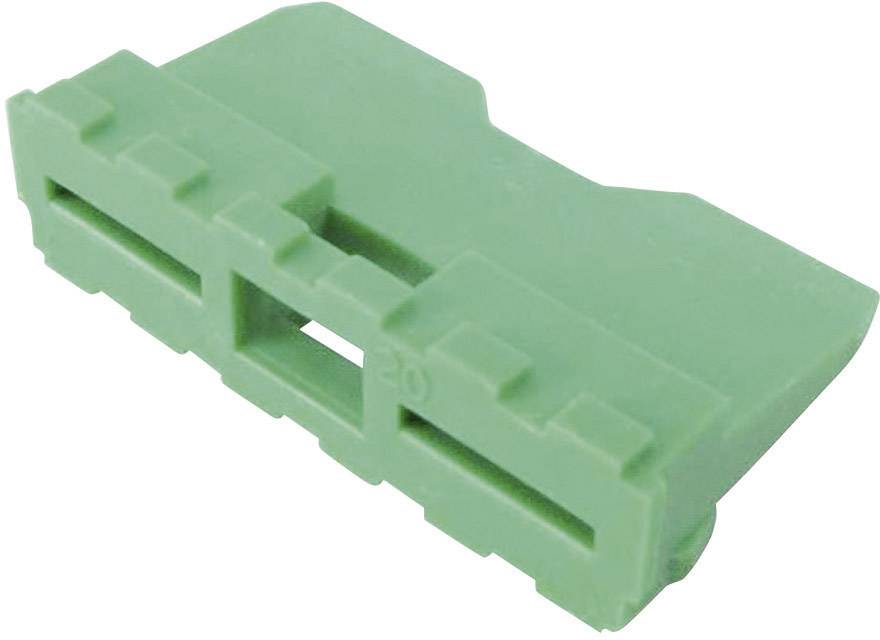 Green plastic plug with rectangular shape and grooves, suitable for electronic connections.