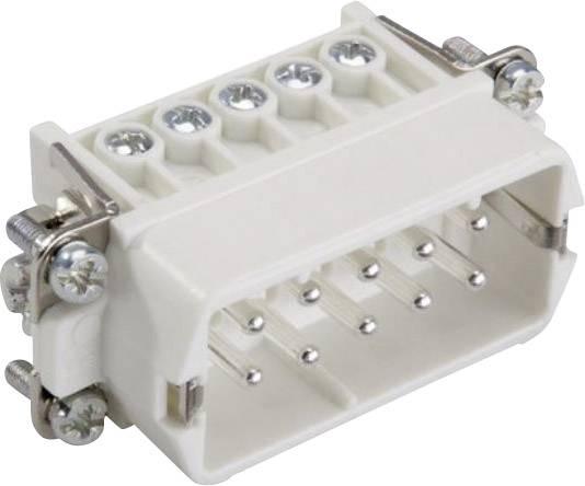 White multi-pin connector socket with screw terminals for cable fixing, with two metal mounting brackets on the sides.
