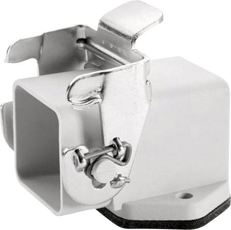 Metal locking mechanism with white plastic base, suitable for securing or fastening objects to a flat surface.