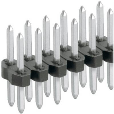 Rows of silver metal pins mounted on black plastic holders, likely part of an electrical connector.