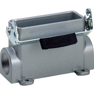 Metal enclosure with a rectangular opening and side screw closures, suitable for cable connection assembly.