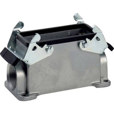 Metallic housing of an industrial connector with two mounting clips and a side cable entry point.