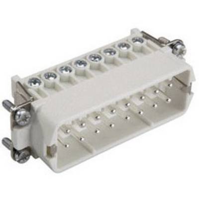 A white plug connector with multiple pin contacts and screw fixings on the sides, suitable for electrical connections.