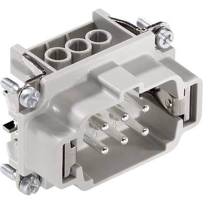 'Minimum six-pole rectangular industrial plug with screw connections, typically used in electrical equipment.'